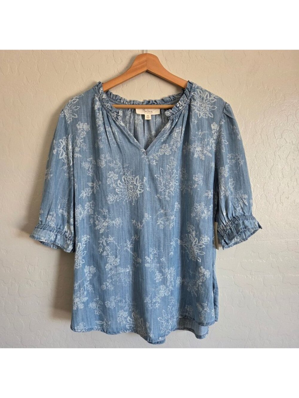 Nurture Floral Elbow Sleeve Notch Neck Lyocell Blouse Top Blue Sz XL Spring NEW